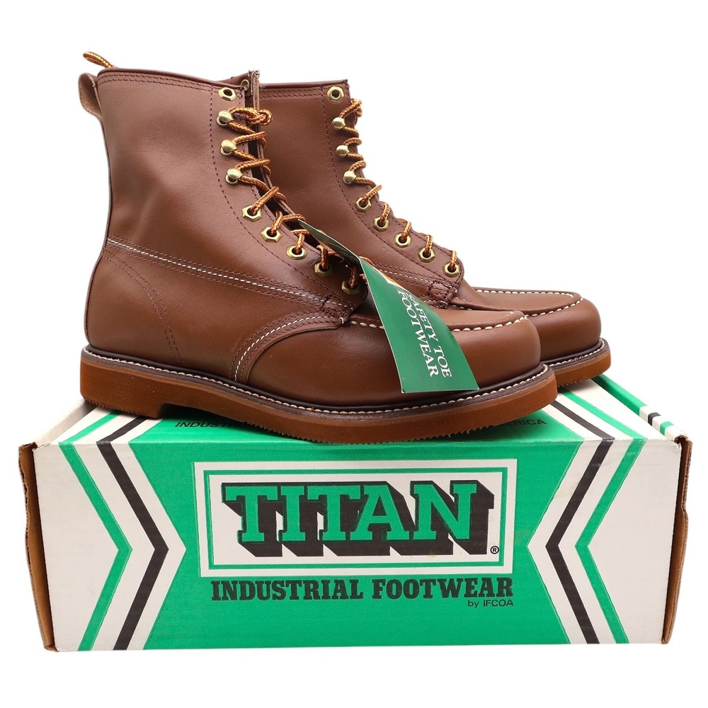 Titan Vintage 80s Safety Toe Work Boots Mens 8.5 D Brown Leather NWT Made in USA